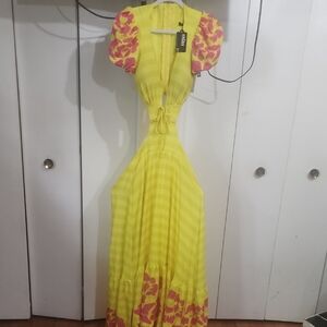 Yellow Pleated Maxi Sundress with Plunge Neckline